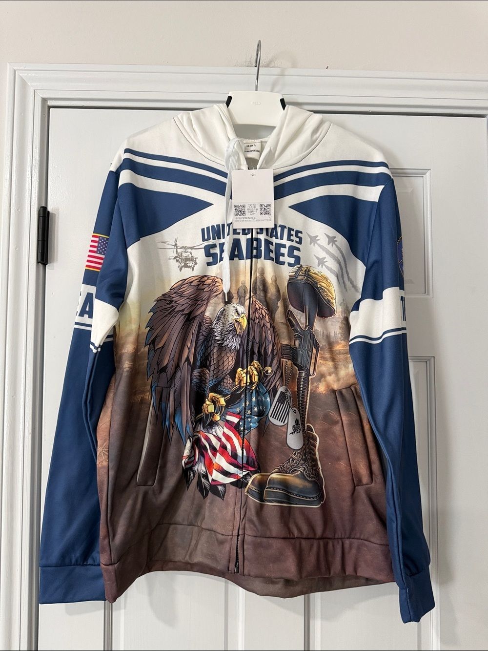 Men's Veteran US Seabees Military Graphic Zip-up Hoodie Sweatshirt Jacket Size L